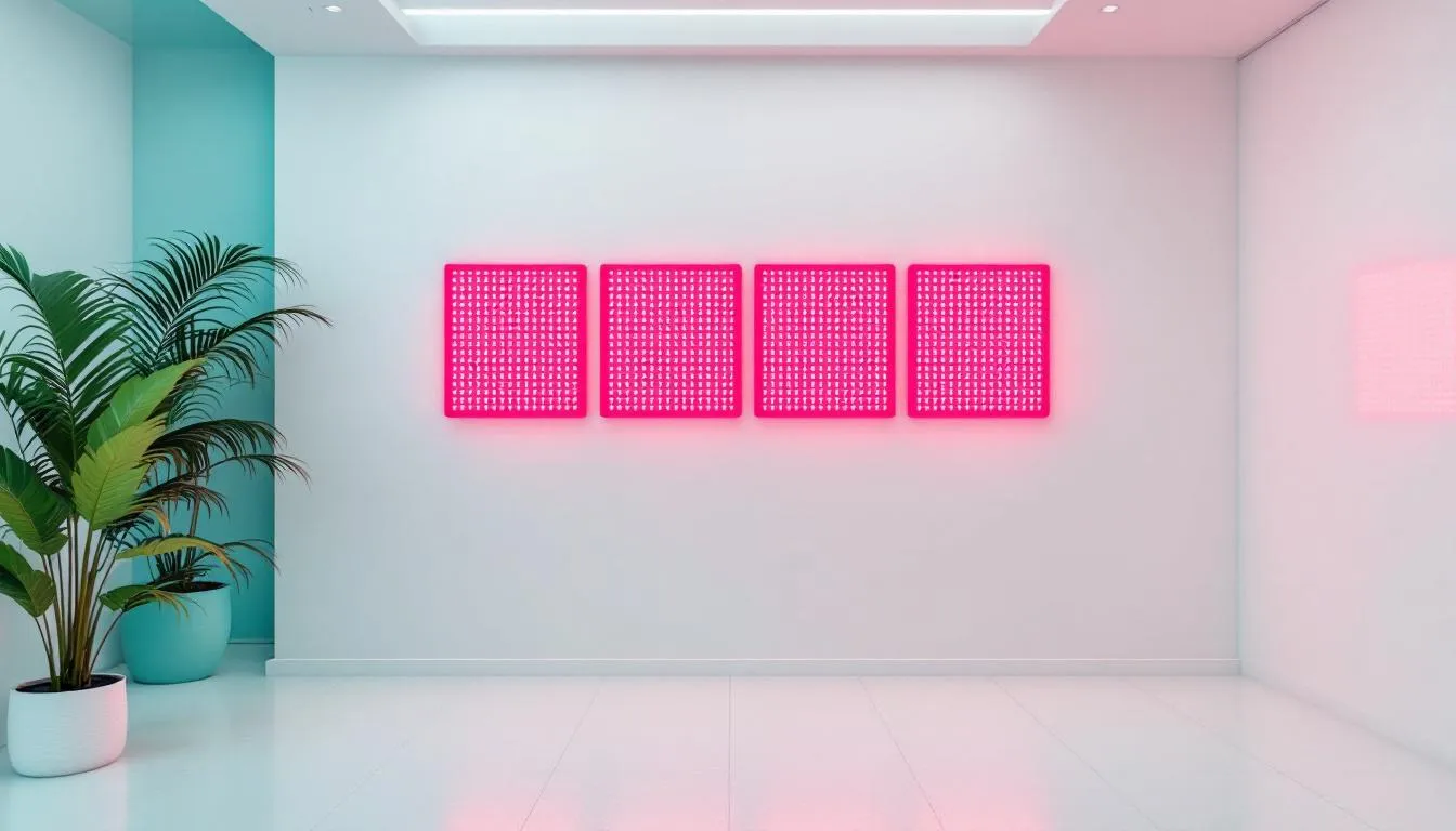 Modern professional wellness studio with red LED therapy panels mounted on white wall