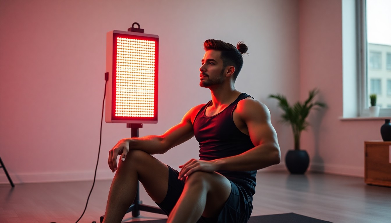Athlete sitting next to red light therapy panel for recovery