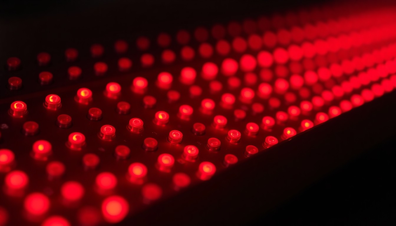 Close-up of red LED therapy panel diodes