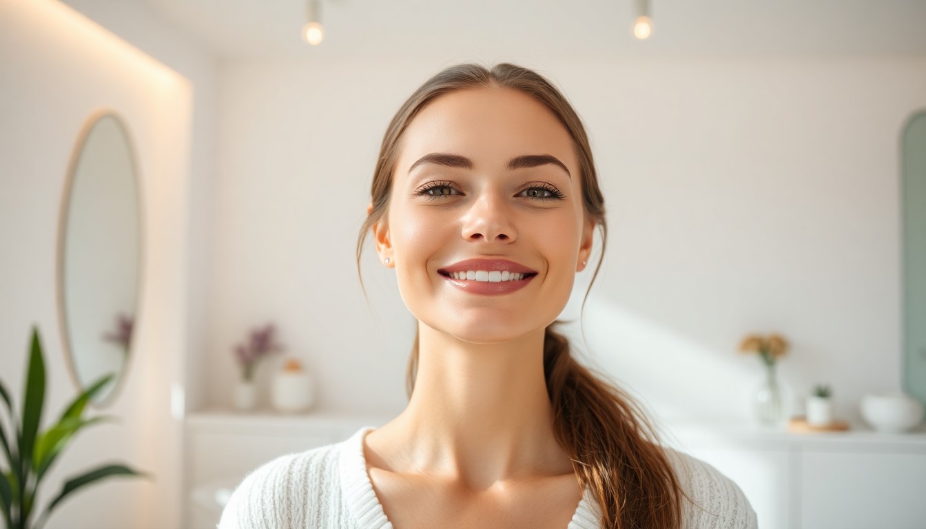 Woman showing healthy glowing skin after red light therapy